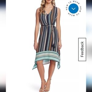 Vince Camuto Sleeveless Striped Asymmetrical Hem Dress, Size XL, Waist Tie